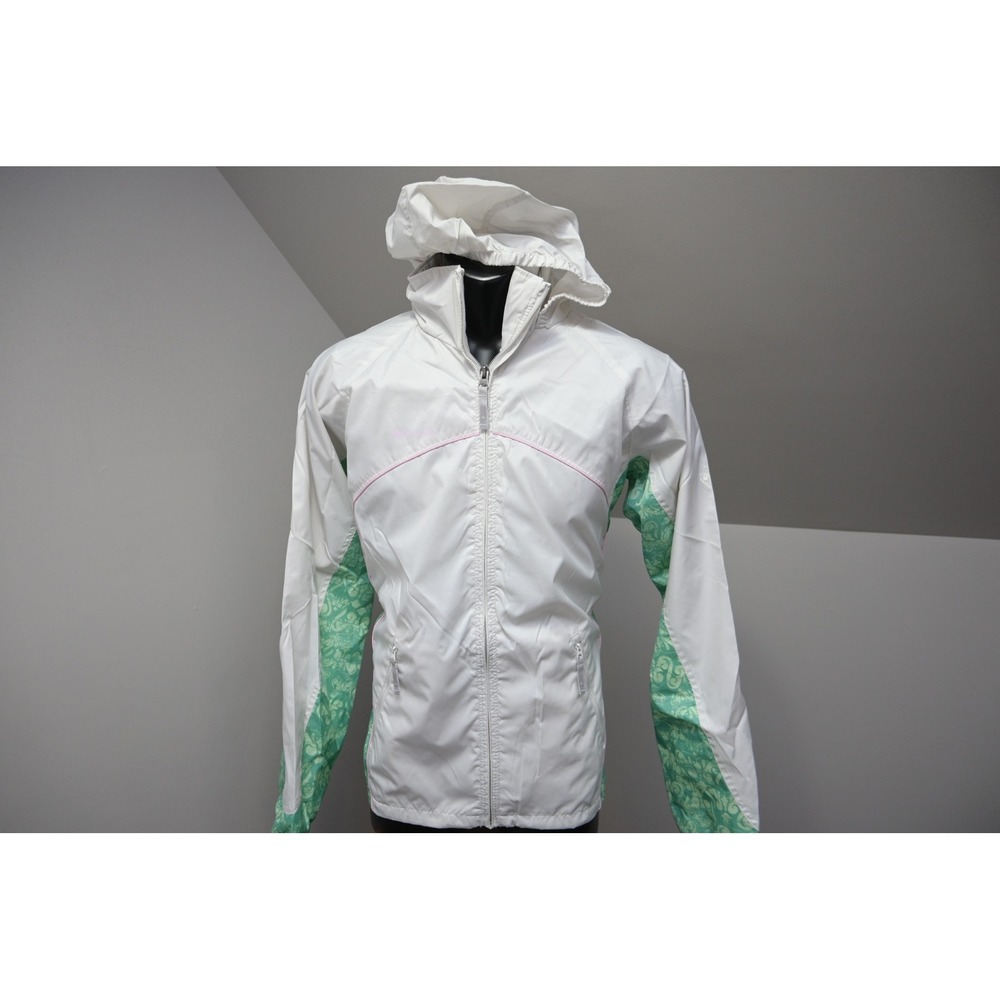 Columbia Windbreaker Jacket Youth 18/20 White Green Hooded Full Zip Excellent